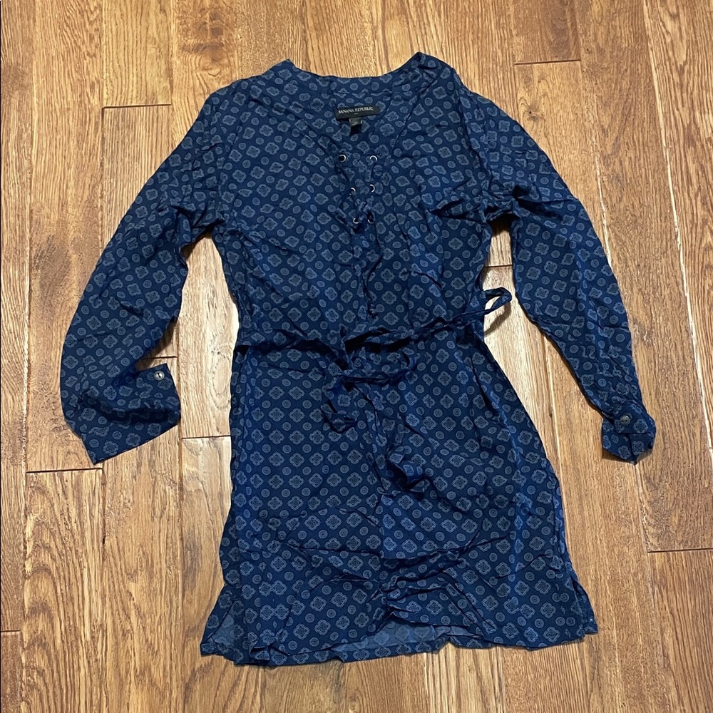 Banana Republic Dark Blue Patterned Long Sleeve Dress